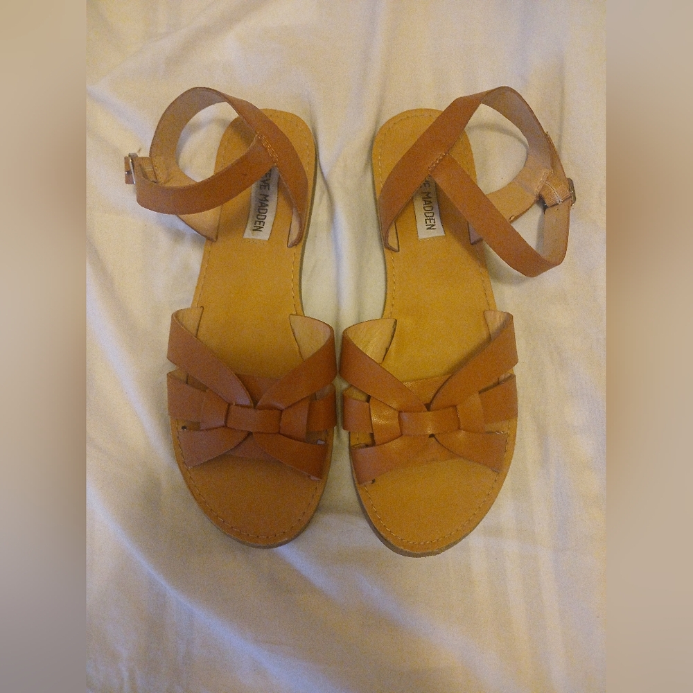Steve Madden Saar Tan Braided Strappy Faux Leather Sandals Sz.6